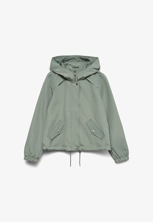 Veste à capuche vert clair avec fermeture éclair frontale, poches à rabat avec boutons-pression, poignets élastiques et cordons ajustables à l'ourlet.