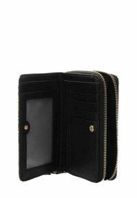 Schwarze Lederbrieftasche mit einem umlaufenden Reißverschlussdesign, ausgestattet mit Kartenfächern, einem transparenten Ausweisfenster und goldfarbigen Hardware-Details.