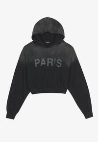 Sudadera negra recortada con un acabado texturizado, que presenta "PARÍS" impreso en letras bold en la parte frontal y una capucha con cordón.
