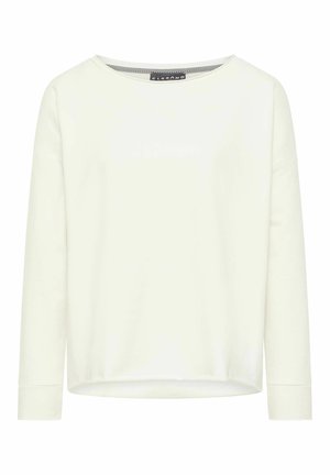 Helle beige Langarmbluse mit rundem Ausschnitt und lässiger Passform. Weicher Stoff mit glatter Textur, ausgestattet mit einem kleinen Logohänger innen.