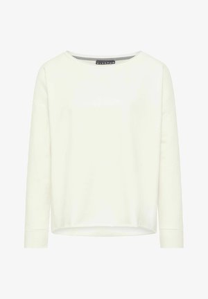 Light beige long-sleeve shirt with a rounded neckline and a relaxed fit. Soft fabric with a smooth texture, featuring a small logo tag inside.