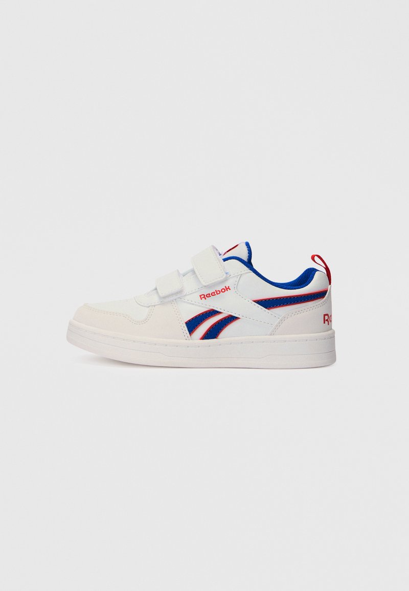 Bijele Reebok dječje tenisice s plavim i crvenim detaljima, s dva čičak remena i crvenom petljom na peti.