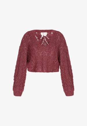 Burgundska skrajšana jopica iz teksturirane pletenine, z V-izrezom in dolgimi rokavi, okrašena z čipkastim vzorcem po celotni površini.