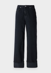 Dark blue denim wide-leg jeans with a high waist, featuring a button closure, five pockets, and rolled cuffs at the hem.