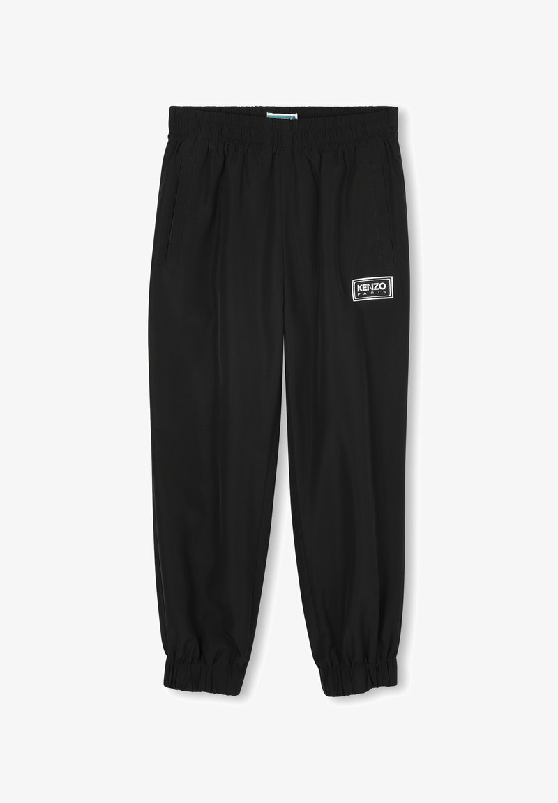 Pantalons de jogging noirs à taille élastique avec poches latérales, poignets côtelés et un écusson blanc affichant "KENZO Paris" sur le devant.