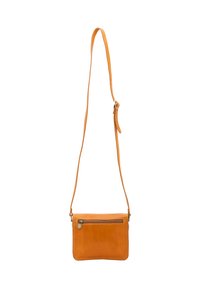 Borsa a tracolla in pelle arancione con tracolla rimovibile, tasca frontale con zip e dettagli di cucitura minimi. Texture liscia.