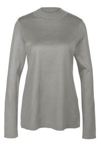 Grauer Langarmpullover mit hohem Kragen, gerippter Textur und seitlichen Eingrifftaschen. Aus weichem, leichtem Stoff gefertigt.