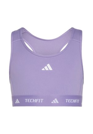 Levanduľová športová podprsenka Adidas Techfit s dizajnom racerback a bielymi logami Adidas vpredu a elastickou páskou.