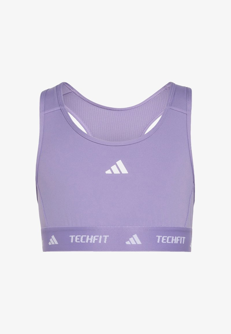 Αθλητικό σουτιέν Adidas Techfit σε λιλά χρώμα με σχεδιασμό racerback και λευκά λογότυπα Adidas στο μπροστινό μέρος και ελαστική ταινία.