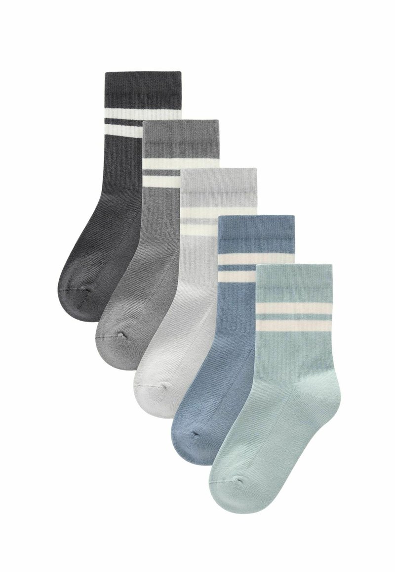 Cinco pares de calcetines de mezcla de algodón en tonos de gris, azul y menta, con textura acanalada y dos rayas horizontales en la parte superior.