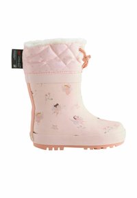 Roze rubberlaars met een gequiltte bovenkant, interieur gevoerd met fleece en elfjesillustraties op de schacht. Voorzien van een structuurzool voor grip.