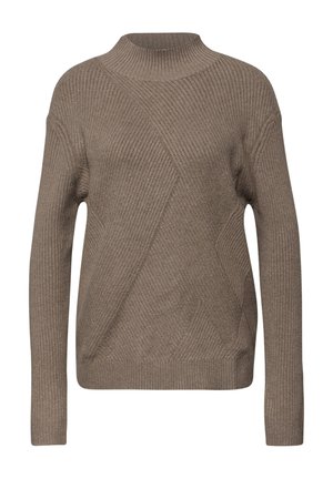 Pull marron à côtes avec un col montant, présentant un motif texturé diagonal et des manches longues. Matière douce, coupe décontractée.