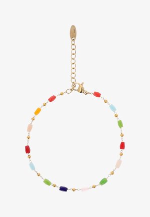 Aranylánc karkötő apró, polírozott arany gyöngyökkel és téglalap alakú, több színű gyöngyökkel piros, narancs, kék, zöld és rózsaszín árnyalatokban, karabiner záródással.