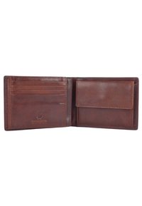 Portafoglio in pelle marrone con una texture liscia, dotato di più scomparti per carte, un ampio vano e un logo in rilievo discreto.