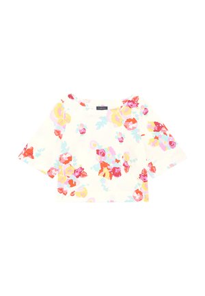 Weißbluse mit floralen Druck in lebhaftem Pink, Gelb und Blau, Dreiviertelärmel und weitem Rundhalsausschnitt. Weicher, glatter Stoff.