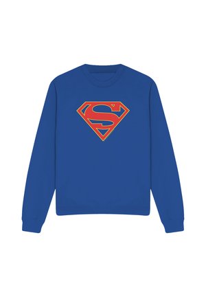 Blue long-sleeve sweatshirt with a large red and yellow Superman logo on the front center.