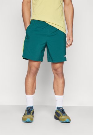 Homme portant un short North Face bleu sarcelle, une chemise jaune, des chaussettes blanches et des chaussures de trail vertes et bleues, debout sur un fond blanc.