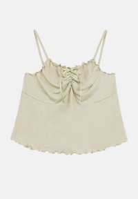 Camiseta sin mangas de un verde claro, texturizada, con tirantes ajustables, frente recogido con detalle de cinta y dobladillo ondulado.