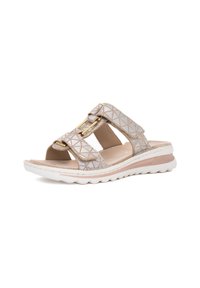 Beige slipper sandalen met geometrische patronen en gouden accenten. Zachte voetbed, witte gevoerde zool, open teen ontwerp voor comfort.
