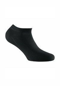 Calzino nero alla caviglia realizzato in materiale morbido ed elastico. Presenta una texture liscia con un design a taglio basso e aree rinforzate su punta e tallone.