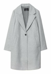 Gray wool-blend coat with a notched lapel, single button closure, two side pockets, and a mid-length silhouette. Soft texture.