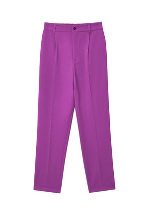 Purple, tailored trousers with a smooth texture, featuring a front pleat design, belt loops, and a single button closure at the waistband.