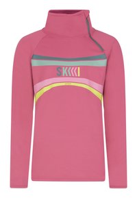 Haut de ski à manches longues rose avec col montant, design en bandes superposées de couleurs variées et détail de fermeture éclair sur le côté pour un ajustement optimal.