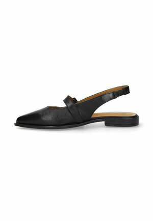 Schwarzer flacher Slingback-Schuh aus Leder mit spitzer Kappe und einem Riemen über dem Spann, ausgestattet mit niedrigem quadratischem Absatz und elastischem Fersenriemen.