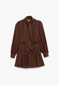 Braunes, langärmliges Kleid mit hohem Kragen und Bindedetail. Verfügt über einen plissierten Rock, geraffte Schultern und goldene Knopfakzente an den Ärmeln.