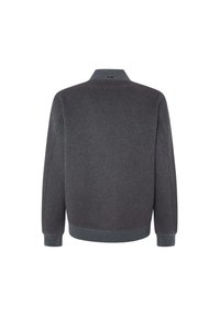 Chaqueta de punto gris con mangas largas, que presenta un cuello y puños de canalé. La tela parece suave con una textura lisa.