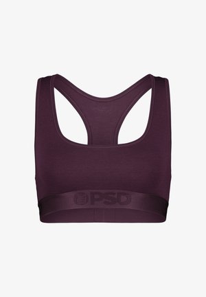 Bordeauxrotes Sport-BH mit Racerback-Design, hergestellt aus weichem, dehnbarem Material. Verfügt über einen breiten Bund mit eingeprägtem Markenlogo.