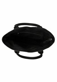 Mustassa nahkaisessa olkalaukussa on tilava sisustus, jossa on vetoketjullisia taskuja ja kaksinkertaiset kahvat helppoa kantamista varten. Rakenteellinen sisus näkyy.