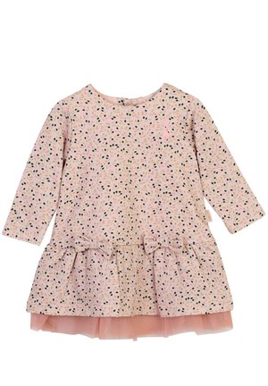 Vestito lungo a maniche lunghe rosa con un motivo maculato in verde, nero e rosa, caratterizzato da un orlo arricciato e due fiocchi in vita.