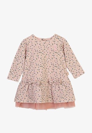 Rosa langärmliges Kleid mit einem gesprenkelten Muster in Grün, Schwarz und Pink, versehen mit einem Rüschensaum und zwei Schleifenakzenten an der Taille.