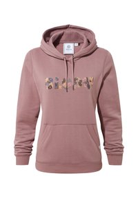 Pink hooded sweatshirt with a front kangaroo pocket. Features the word "BLOOM" in colorful floral pattern. Made from soft fabric, relaxed fit.