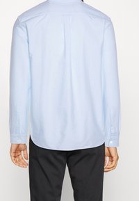 Lichtblauwe blouse met lange mouwen, knoopmanchetten en een enkele plooi aan de achterkant, gemaakt van een gladde stof, met een gebogen onderzoom en een gestileerde kraag.