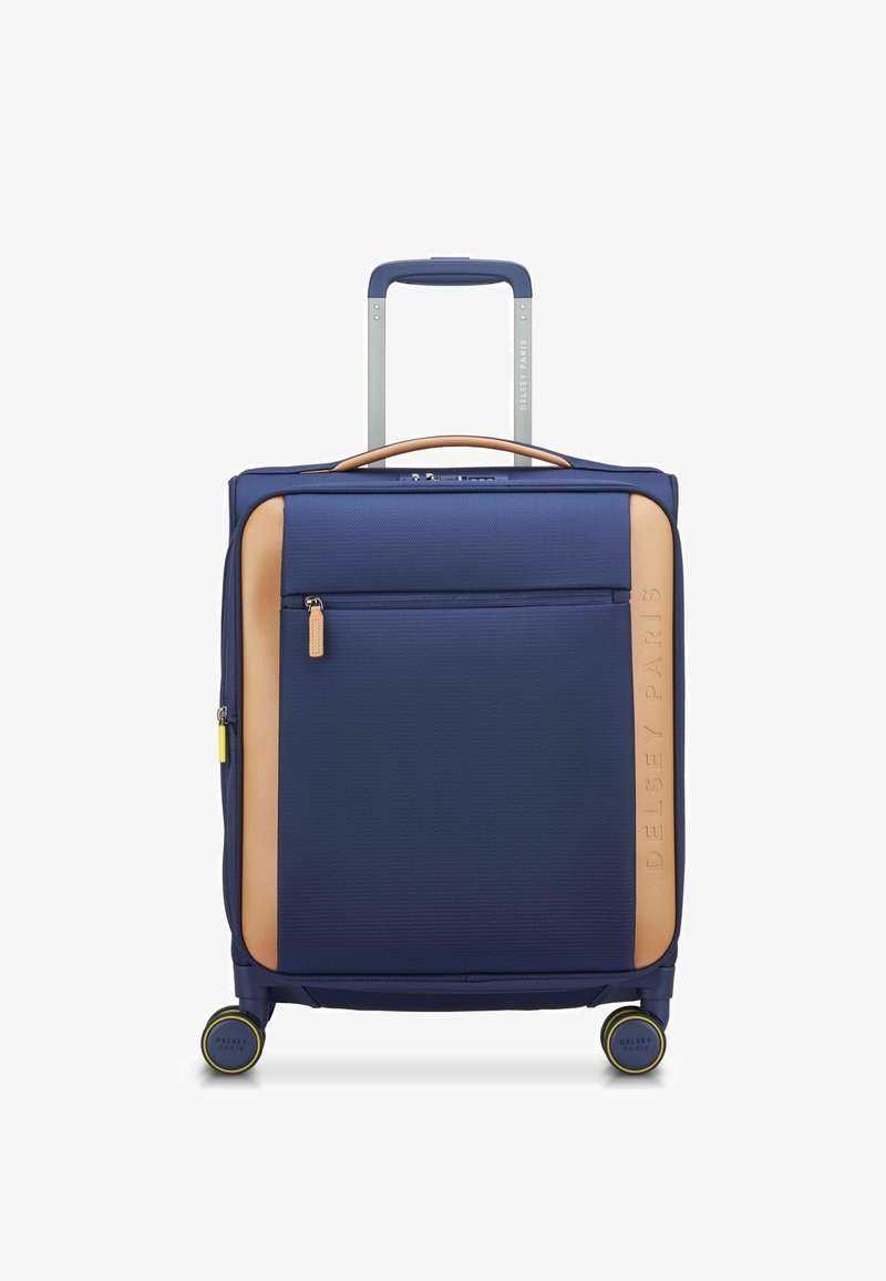 Valigia blu navy con accenti color sabbia, tasca frontale orizzontale con zip, ruote nere e manico estensibile argentato per una facile manovrabilità.
