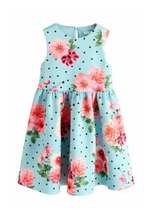 Ärmelloses hellblaues Mädchenkleid mit schwarzen Punkten und großen pinkfarbenen Blumenmustern, geraffter Taille und Knopfverschluss auf der Rückseite.