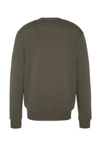Sudadera verde oliva con puños y dobladillo acanalados, cuello redondo y detalle de costura visible. La tela parece texturizada y suave.