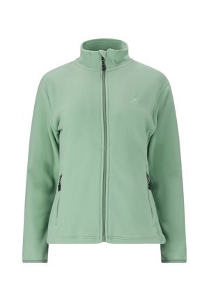 Vihreä fleece-takki, jossa on täysi etuompelu, vetoketjulliset sivutaskut ja korkea kaulus. Rintapielessä on huomaamaton logo. Pehmeä pinta.