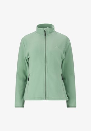 Green fleece jacket with a full front zipper, zippered side pockets, and a high collar. Features a subtle logo on the chest. Soft texture.