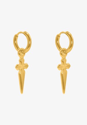 Gouden oorbellen in de vorm van hoepels met een getextureerd cross-hanger en een langwerpige puntige druppel. Gladde oppervlakte, gepolijst afwerking en ronde hardware.