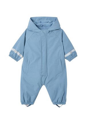 Light blue hooded baby snowsuit with reflective sleeve stripes, elastic cuffs, front zipper, and foot straps for warmth and safety.