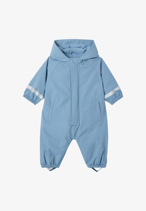 Light blue hooded baby snowsuit with reflective sleeve stripes, elastic cuffs, front zipper, and foot straps for warmth and safety.