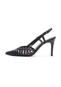 Sandalía de tacón alto negra con punta afilada y diseño de corte abierto, correa ajustable y textura de superficie lisa. Tacón stilettos delgados.