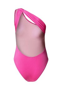Ružičasti kupaći kostim s jednom naramenicom, prozirnim dijelom u sredini i detaljem uvijene naramenice na ramenu.