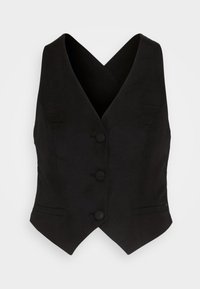 Svart väst med V-ringad design, som har tre knappar och skräddarsydda dartar, tillverkad av ett slätt tyg med en lätt strukturerad yta.