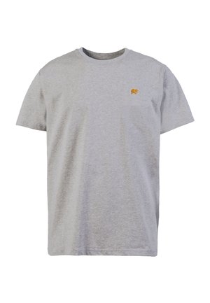 T-shirt in cotone grigio con collo rotondo, maniche corte e un piccolo elefante arancione ricamato sul lato sinistro del petto. Texture liscia.