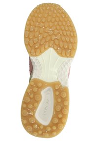 Schuhsohle mit einer strukturierten, beigen Gummifläche, die erhöhte, ovale Muster aufweist; weiße Zwischensohle mit einem hexagonalen Muster; markiert mit "NO NAME."