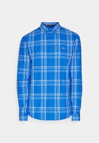 Camicia a quadri blu con linee bianche prominenti, colletto classico, maniche lunghe e un piccolo logo sul petto.